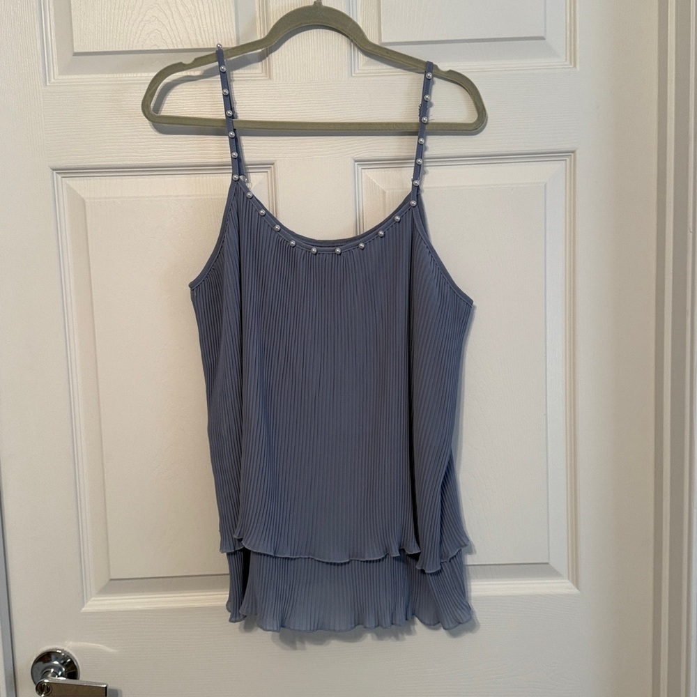 Blue pleated ruffle tank with pearl details
